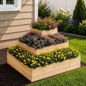 May include: A three-tiered wooden planter box constructed from light-colored horizontal planks. The planter features three levels filled with vibrant flowers: bright yellow blossoms on the bottom, purple flowers in the middle, and pink blooms on top.