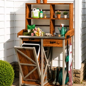 Potting Bench with Trash Bin, Garden Workstation Table, Wooden Gardening Bench with Shelves, Drawers & Tool Hook
