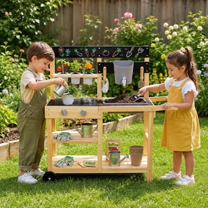 May include: A wooden outdoor play gardening station featuring a black chalkboard back panel with colorful vegetable and tool illustrations, a sink basin, a water dispenser, two stove knobs, shelves, and various metal gardening tools and pots.