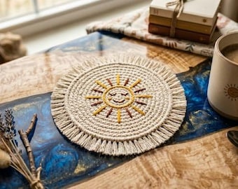 Boho Sun Crochet Coaster Pattern, Fringe Mandala Mug Rug Tutorial (PDF Download)