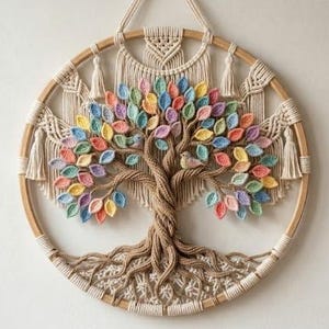 May include: A circular wall hanging featuring a macrame tree with a twisted brown trunk and roots, adorned with numerous small, multi-colored fabric leaves in pastel shades of pink, yellow, blue, and green, with two small birds perched on branches.