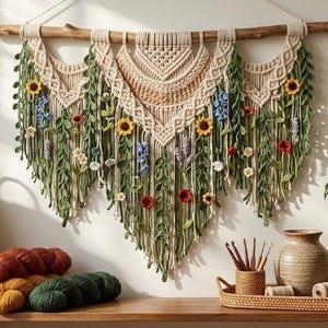 Può includere: Un grande arazzo in macramè appeso a un ramo di legno, caratterizzato da intricati motivi a nodi color crema, rampicanti verdi a cascata e piccoli fiori in tessuto colorati, tra cui girasoli, papaveri rossi e fiori blu.