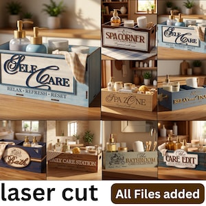Puede incluir: Una colección de cajas de almacenamiento rectangulares de madera con varios diseños cortados con láser y textos como Self Care, Spa Corner, Spa Zone, Relax and Enjoy, Bath, Daily Care Station, The Bathroom Care Collection y The Care Edit.