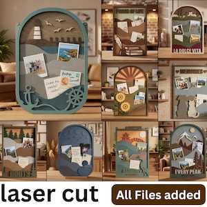 May include: A collection of ten laser-cut wooden display boards featuring various layered designs including a lighthouse, mountain peaks, sunflowers, and animal silhouettes. Each board serves as a decorative frame for pinning photographs and notes.