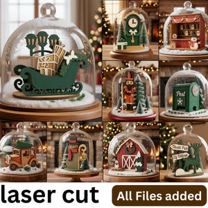 May include: A collection of ten glass cloches containing laser-cut wooden Christmas scenes, including a sleigh with gifts, a grandfather clock, a market stall, a nutcracker, a mailbox, a truck, a snowman, a barn, and a North Pole sign.