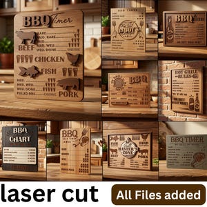 May include: A collection of laser-cut wooden BBQ timer signs featuring various cooking charts for beef, chicken, fish, and pork. Each sign displays specific doneness levels, beer-themed measurements, and grill rules with engraved text and icons.