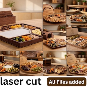 May include: A collection of wooden serving trays and charcuterie boards featuring hexagonal and circular designs with multiple compartments for snacks. Some boards include laser-cut logos with text such as "Cheese & Charc" and "Taste & Enjoy".