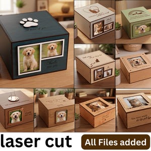 Paquete de cajas conmemorativas para mascotas, archivos de corte láser para la pérdida de mascotas, caja de recuerdo, citas conmemorativas para mascotas en formato SVG, duelo, caja con marco de fotos, gato y perro
