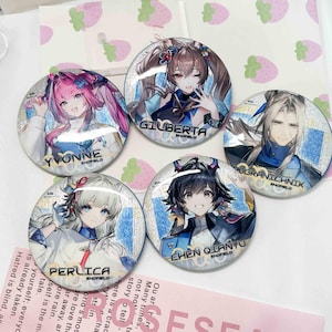 May include: Five circular pin-back buttons featuring anime-style character illustrations with holographic backgrounds. Each button displays a character name: Yvonne, Gilberta, Ogranichnik, Perlica, and Chen Qianyu, all labeled with the text Endfield.