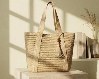 Elegant Straw Woven Tote Bag, Summer Beach Handbag, Large Capacity Shoulder Bag
