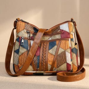 Patchwork PU Leder Crossbody Bag, Retro Schulter Handtasche, Multi-Pocket Tote