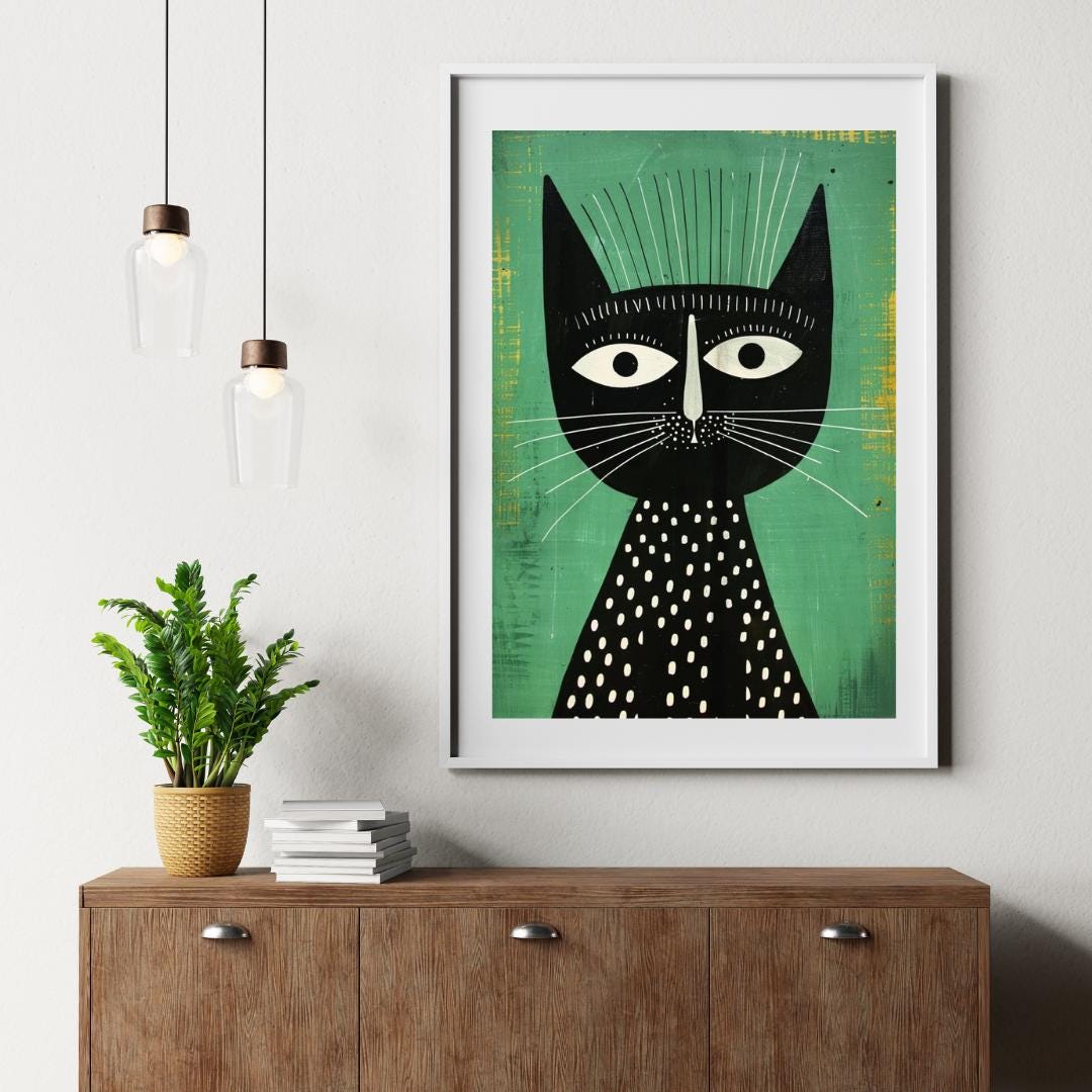 Abstract Cat Wall Art Poster | Black Cat Illustration Print | Modern ...