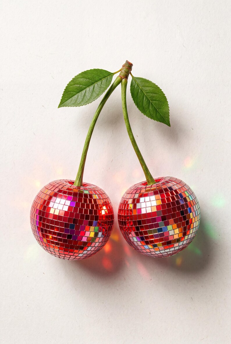 May include: Two red disco ball cherries with green stems and leaves against a white background. The cherries are made of small, reflective squares, creating a sparkling effect. The image has a playful and festive vibe.