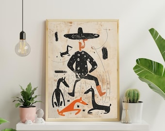 Whimsical Cowboy Illustration Poster – Folk Art Western Print, Neutral Decor