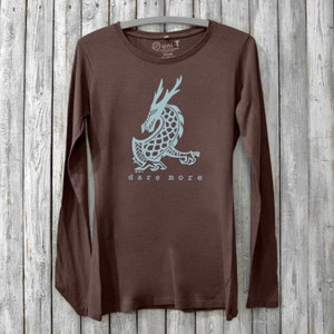 Long Sleeve Women&#39;s T shirt, Dragon T shirt, Brown Organic cotton Tshirt, Bamboo tee, &quot;Dare More&quot; by Uni-T