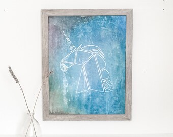 Cuadro de unicornio enmarcado: técnica de gouache azul y serigrafía (11x14)