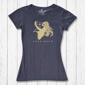 Navy blue Women's Love T-Shirt made from bamboo & organic cotton with 'Love More' heart graphic. Eco-friendly romantic anniversary gift.