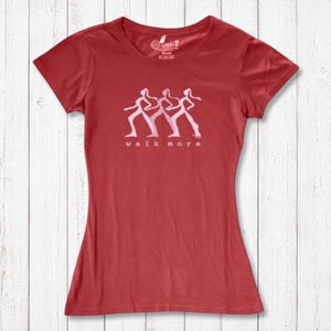 Red Women's Walking T-Shirt in Bamboo & Organic Cotton with white 'Walk More' graphic. Ideal sustainable gift for active women and hikers.