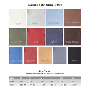 May include: A size chart for t-shirts with measurements in inches. The chart shows the chest and neck measurements for sizes XS, S, M, L, XL, and XXL. The chart also shows a variety of t-shirt colors, including ivory, gray, light blue, light brown, khaki green, red, navy, dark brown, ocean blue, red clay, mustard, slate, and black.