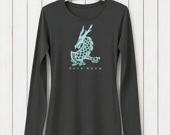 Hand-Printed Dragon Bamboo T-Shirt: Women's Long Sleeve Organic Cotton Tee