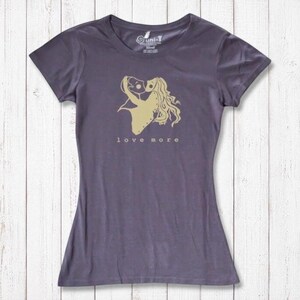 Charcoal gray Love More T-Shirt for women made from bamboo & organic cotton. Romantic heart graphic tee for sustainable fashion lovers.