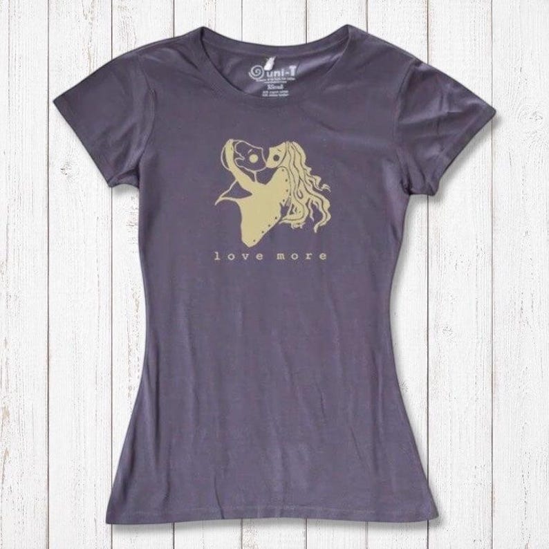 Charcoal gray Love More T-Shirt for women made from bamboo & organic cotton. Romantic heart graphic tee for sustainable fashion lovers.