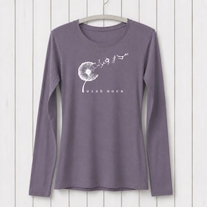 Uni-T women's long sleeve bamboo and organic cotton t-shirt in dark purple with a white dandelion wish more graphic