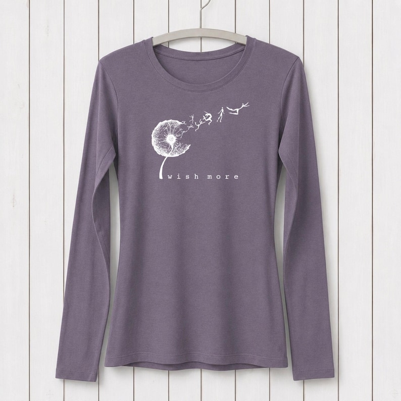 Uni-T women's long sleeve bamboo and organic cotton t-shirt in dark purple with a white dandelion wish more graphic