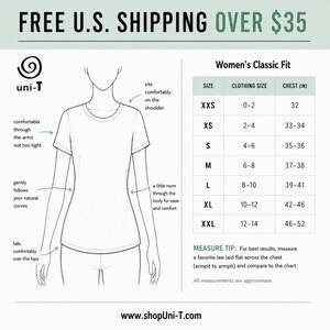 May include: A black and white line drawing of a t-shirt on a figure, featuring a size chart for Women's Classic Fit. The chart lists sizes XXS through XXL with corresponding clothing sizes and chest measurements in inches. Text includes 'uni-T'.