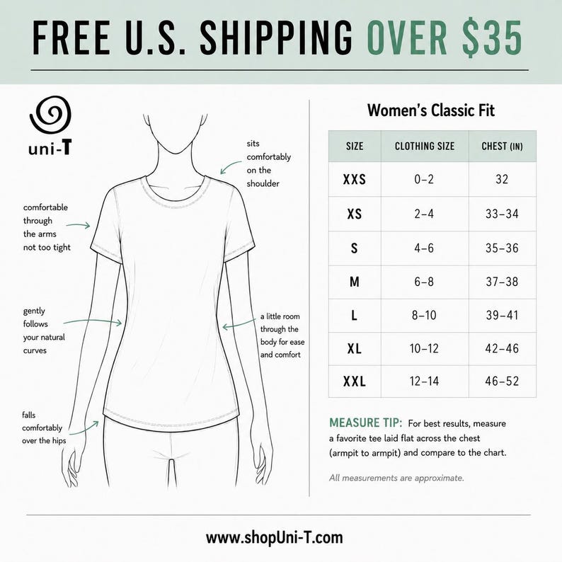 May include: A black and white line drawing of a t-shirt on a figure, featuring a size chart for Women's Classic Fit. The chart lists sizes XXS through XXL with corresponding clothing sizes and chest measurements in inches. Text includes 'uni-T'.