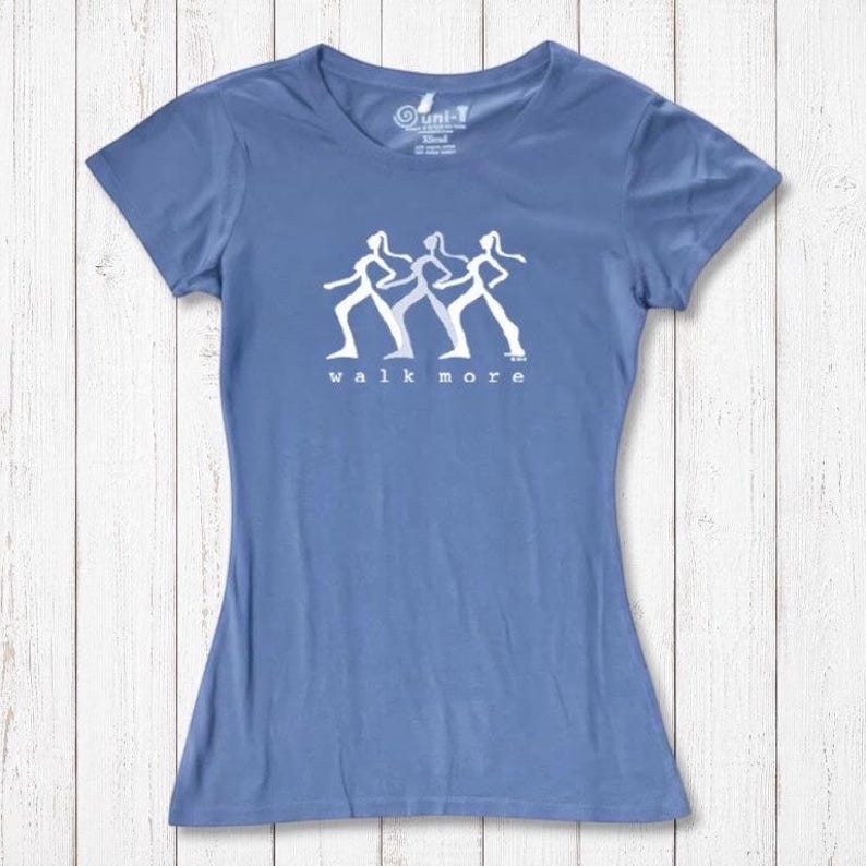 Ocean blue Women's Walking T-Shirt in Bamboo & Organic Cotton with white 'Walk More' graphic. Ideal eco-conscious gift for active women.