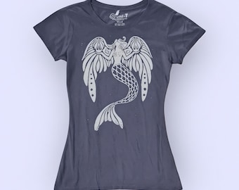 Maglietta grafica con sirena e angelo: T-shirt da donna in cotone biologico e bambù.