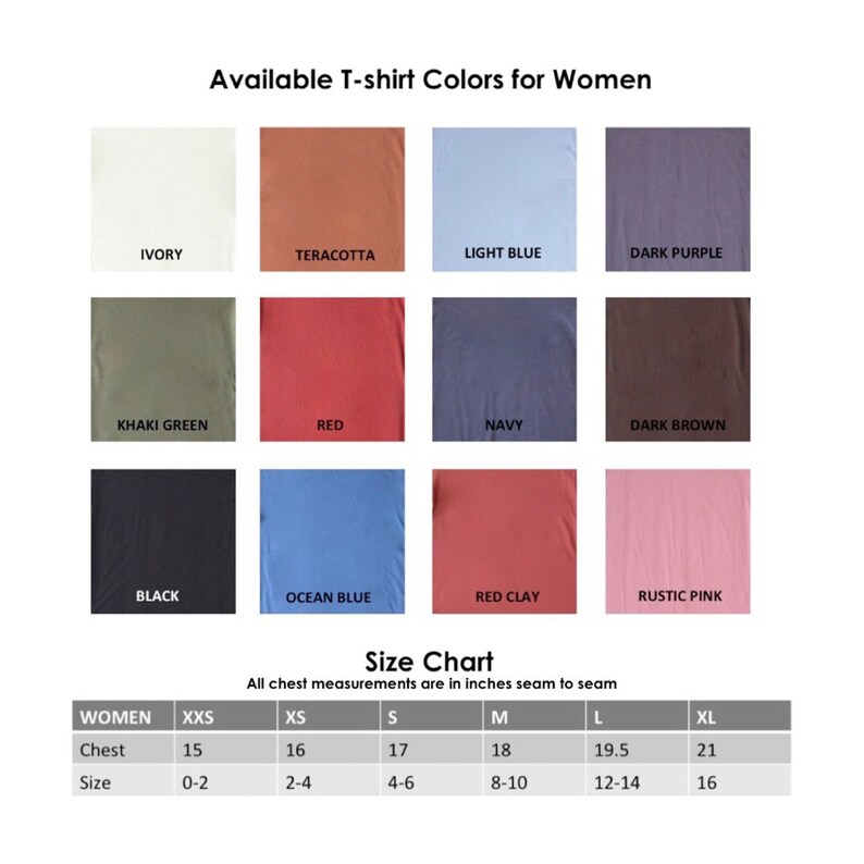 K&ouml;nnte beinhalten: Eine Gr&ouml;&szlig;entabelle f&uuml;r Damen-T-Shirts mit einer Farbkarte, die 12 verschiedene Farben zeigt. Die Gr&ouml;&szlig;entabelle zeigt Brustma&szlig;e in Zoll und die entsprechenden Gr&ouml;&szlig;en von XXS bis XL.
