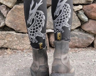 Dragon Print Organic Cotton Leggings: Black Yoga Pants, Wide Waistband - Made in USA