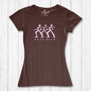 Brown Women's Walking T-Shirt in Bamboo & Organic Cotton with pink 'Walk More' design. Comfortable and eco-friendly fitness apparel.