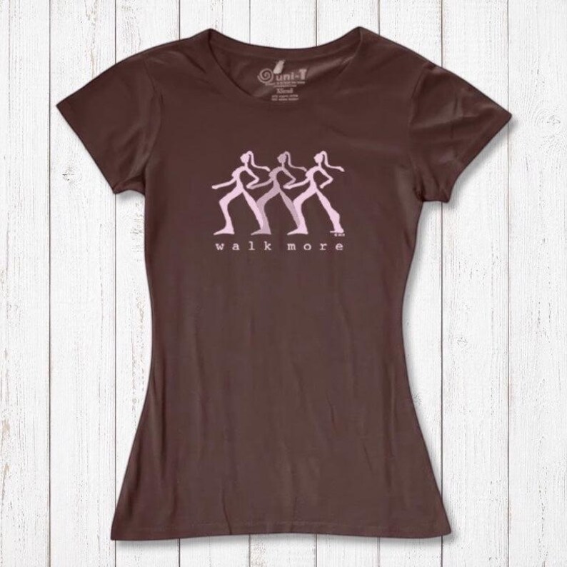 Brown Women's Walking T-Shirt in Bamboo & Organic Cotton with pink 'Walk More' design. Comfortable and eco-friendly fitness apparel.