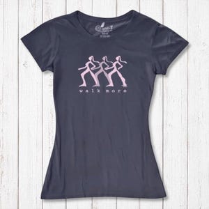 Dark navy Women's Walking T-Shirt in Bamboo & Organic Cotton featuring pink 'Walk More' quote. Eco-friendly gift for fitness lovers.