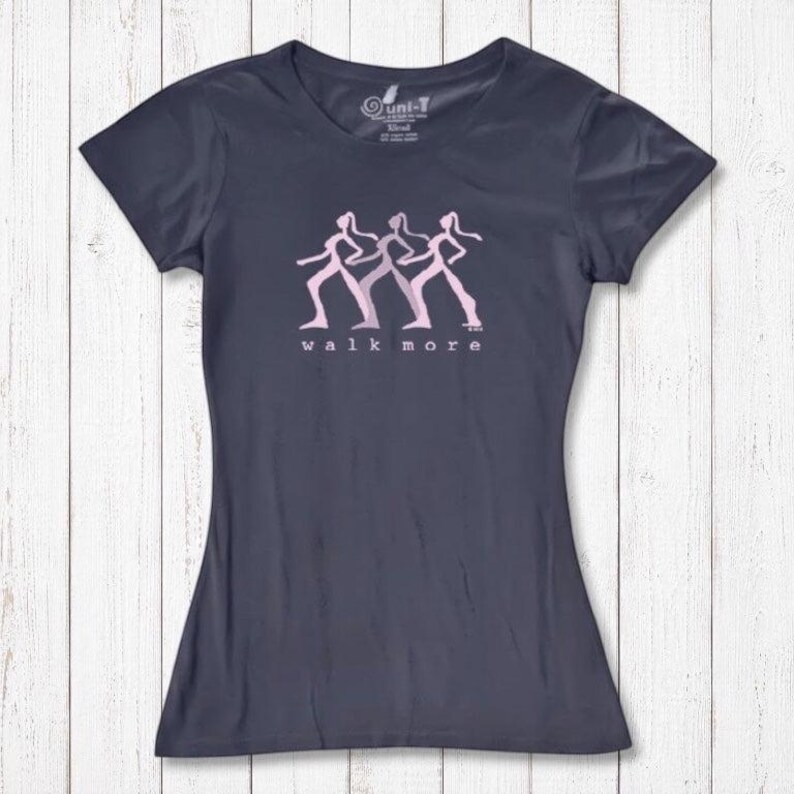Dark navy Women's Walking T-Shirt in Bamboo & Organic Cotton featuring pink 'Walk More' quote. Eco-friendly gift for fitness lovers.