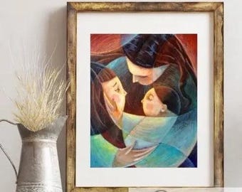Mother & Child Art Print: Gouache Painting, Nursery Decor