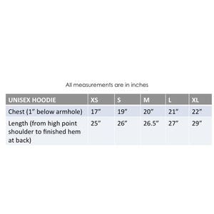 May include: Unisex hoodie size chart showing chest and length measurements in inches for sizes XS, S, M, L, and XL.