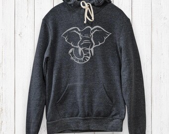 May include: A dark charcoal gray long-sleeve hooded sweatshirt featuring a light gray line art graphic of an elephant head on the chest. The hoodie includes a front kangaroo pocket and white drawstring cords at the neckline.