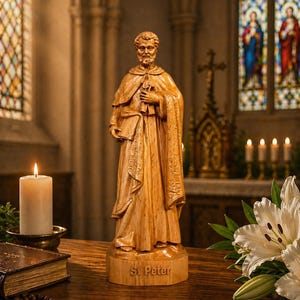 以下が含まれることがあります： 本と鍵を持った聖ペテロの木像。木製の台座に「St Peter」と刻まれています。教会内にあり、背景にはろうそくの灯とステンドグラスの窓があります。
