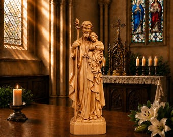 Statua di San Giuseppe con Gesù Bambino, scultura cattolica in legno intagliato a mano, figura di San Giuseppe, decorazione cristiana per la casa, regalo cattolico per lui