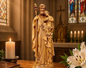 Statua di San Giuseppe con Gesù Bambino, scultura cattolica in legno intagliato a mano, figura di San Giuseppe, decorazione cristiana per la casa, regalo cattolico per lui