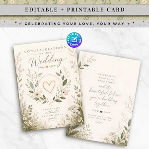 May include: Two cream-colored wedding cards featuring botanical illustrations of green leaves and small flowers. The front card reads Congratulations on your Wedding with a gold heart. The second card features text about celebrating love and a future together.
