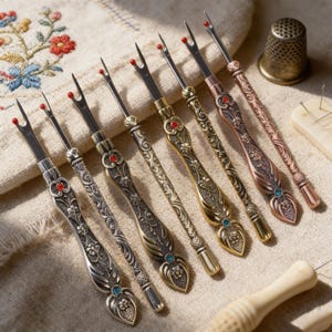 Peut inclure: Une collection de découseurs ornés dans différentes finitions métalliques, argent, or et cuivre. Chaque découseur présente des motifs floraux et volutes complexes, avec des accents de pierres précieuses rouges ou bleues. Un dé à coudre et des accessoires de couture sont également visibles.