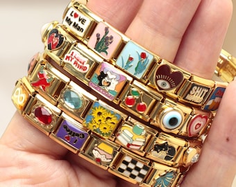 Italian Charm Bracelet Links, Gold Glitter Letter & Enamel Charms, Make Your Own Y2K Charm Bracelet, Custom Gift for Mom