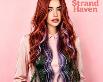 Peluca larga ondulada con efecto degradado rojizo rojizo / Puntas de color cobre a verde púrpura, ideal para cosplay de bruja del bosque.