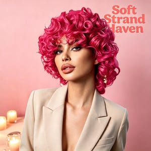 Hot Pink Curly Bob Wig with Bangs | Vibrant Magenta Short Wavy Hairpiece