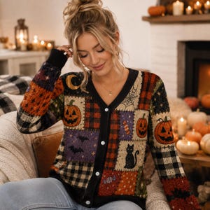 May include: A long-sleeve button-down cardigan featuring a patchwork design with Halloween motifs including orange pumpkins, black cats, bats, spider webs, and candy. The pattern incorporates black and red plaid, stars, and purple accents.